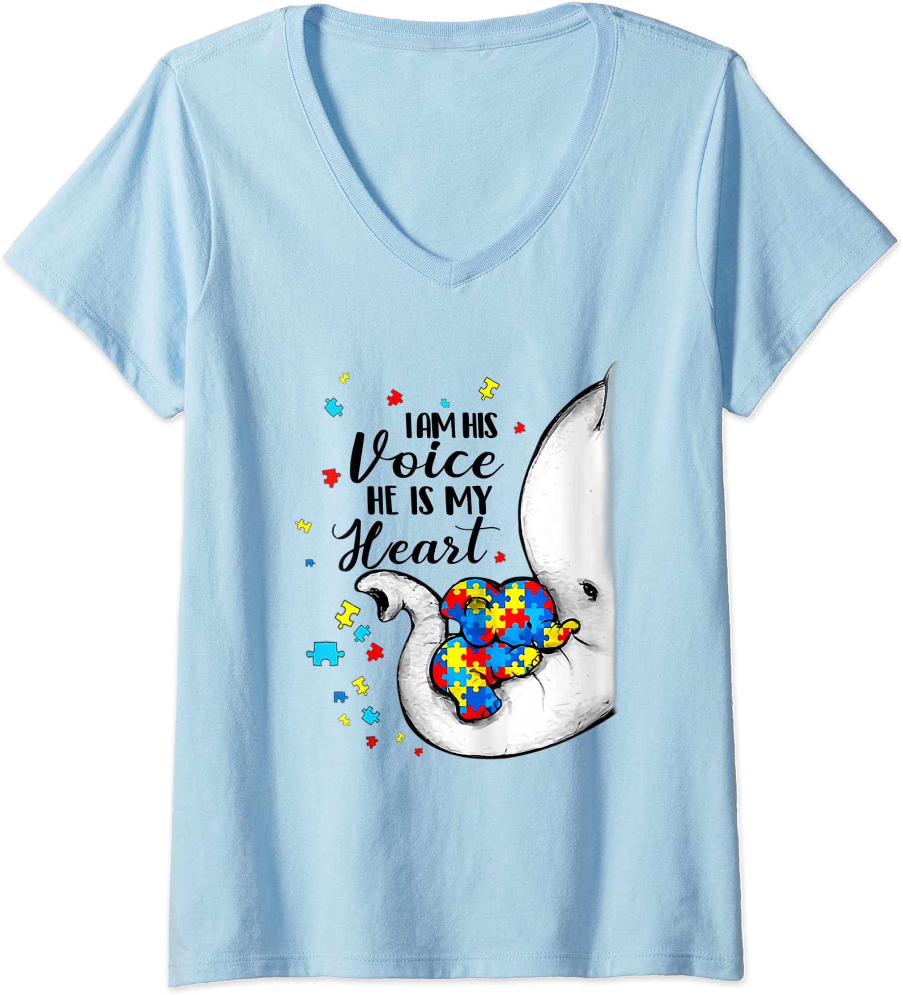 Womens I Am His Voice Autism Awareness Puzzle Elephant Autism Mom V-Neck