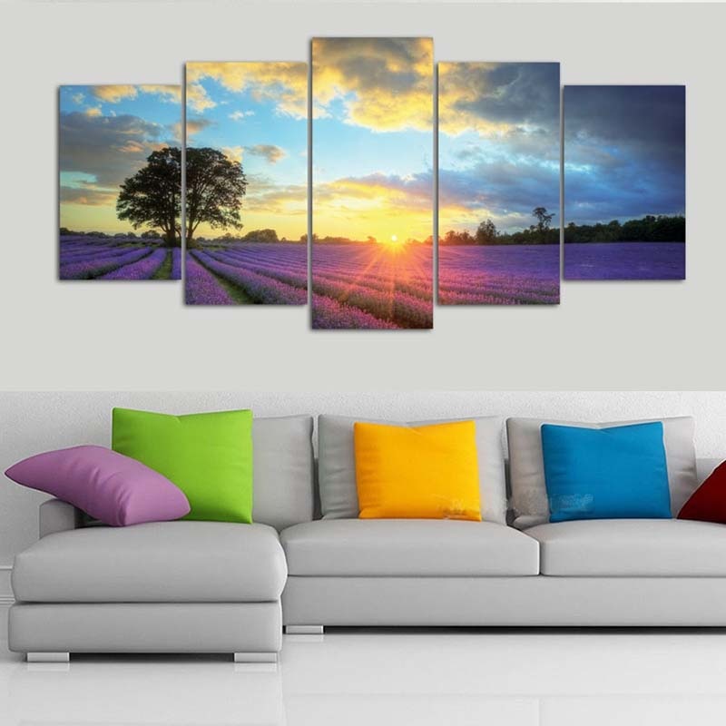 Lavender Flower Field 5 Piece Hd Multi Panel Canvas Wall Art Frame