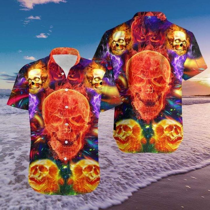 Fire Colorful Skull Halloween Print Hawaii Aloha Shirts Ha76042