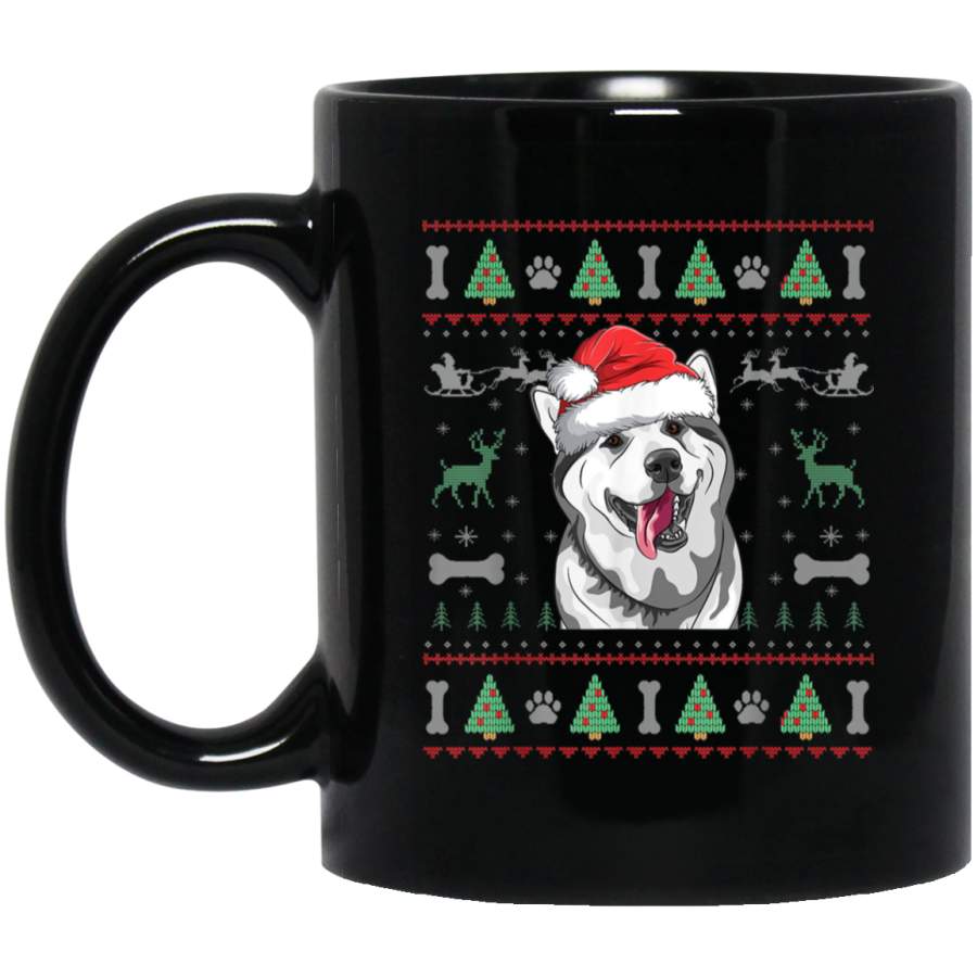 Siberian Husky Ugly Christmas Sweater Pajama Dog Lover Gift  11 oz 15 oz Mug Black