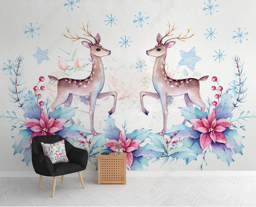 3D Watercolor Floral Animal Deer Wall Mural Wallpaper Lqh 28