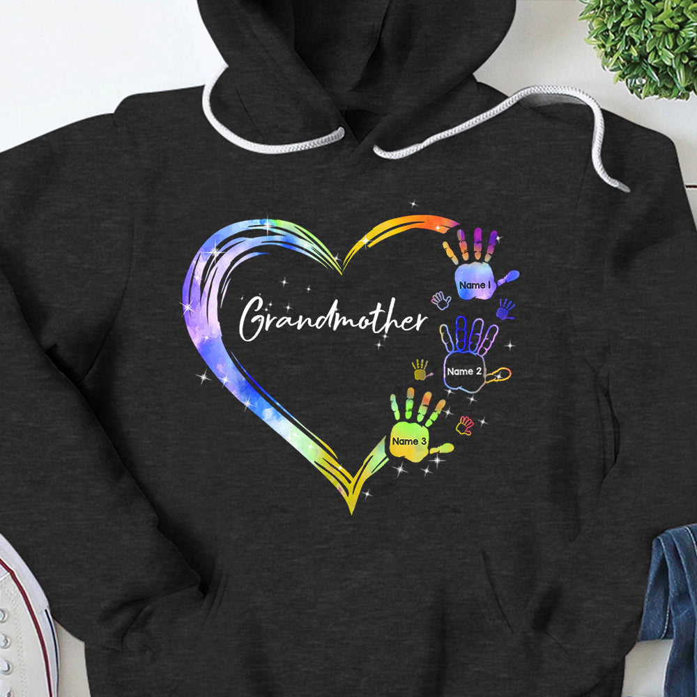 Personalized Grandkids Handprints Heart Shirts For Grandmother