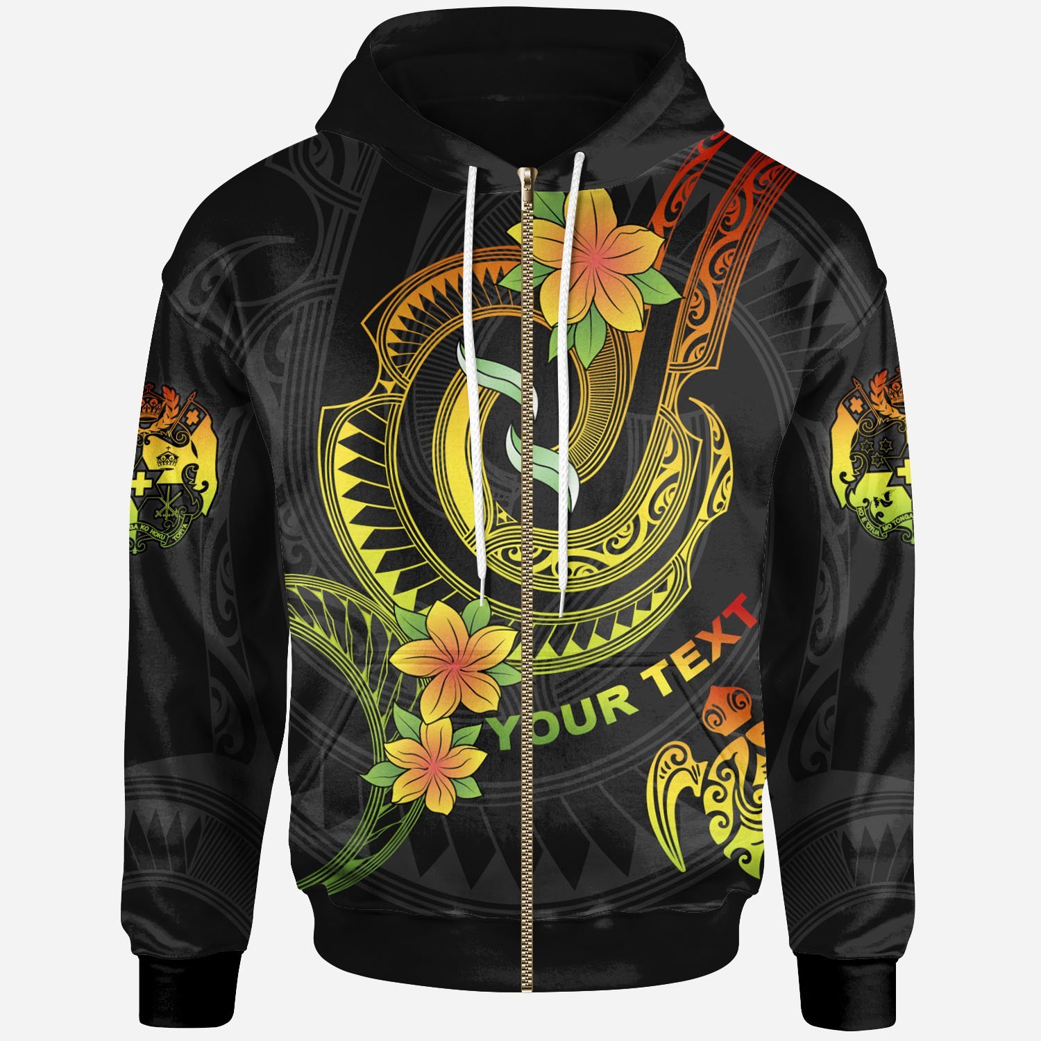 Tonga Custom Personalised Zip-Up Hoodie – Reggae Plumeria Flowers with Spiral Patterns – BN26