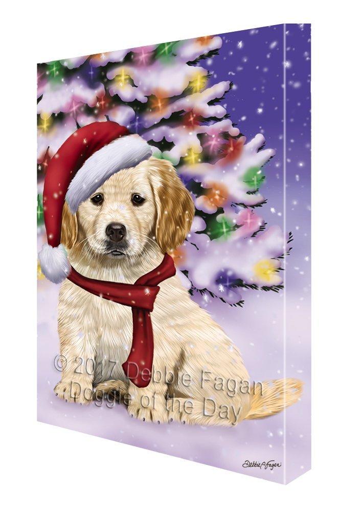 Winterland Wonderland Golden Retrievers Puppy Dog In Christmas Holiday Scenic Background Painting Printed On Canvas Wall Art