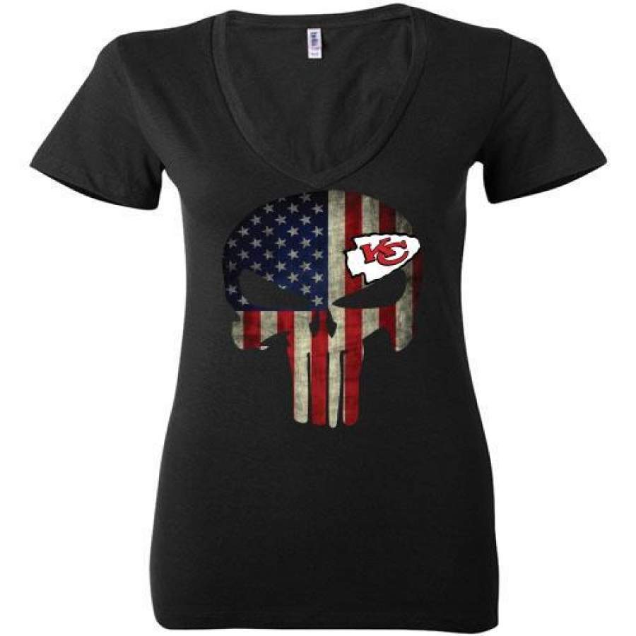 The Punisher Skull Flag Kansas City Chiefs Ladies Deep V-Neck