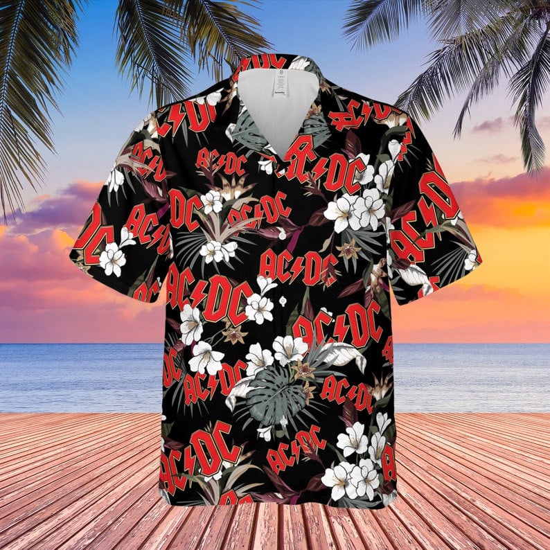 Ac/Dc Rock Band Logo Tropical Forest All Over Print 3D Hawaiian Shirt – Black