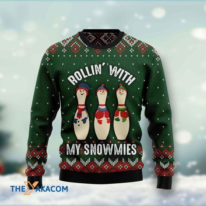 Bowling Rollin’ With My Snowmies Gift For Christmas Ugly Christmas Sweater