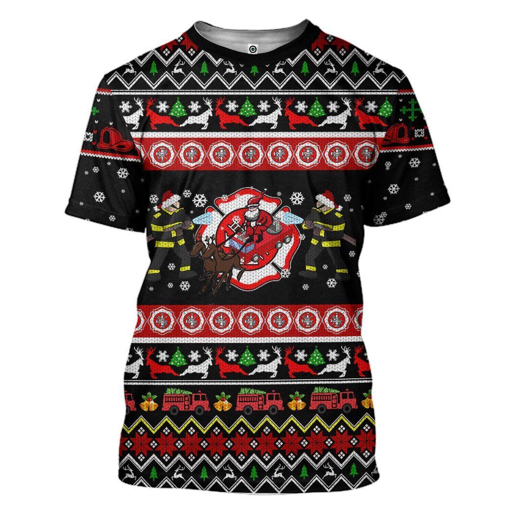 Casespring 3D Xmas Firefighter Ugly Christmas Sweater Custom Tshirt Apparel