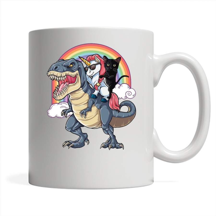 Unicorn and Black Cat Riding Dinosaur Rainbow – Full-Wrap Coffee White Mug