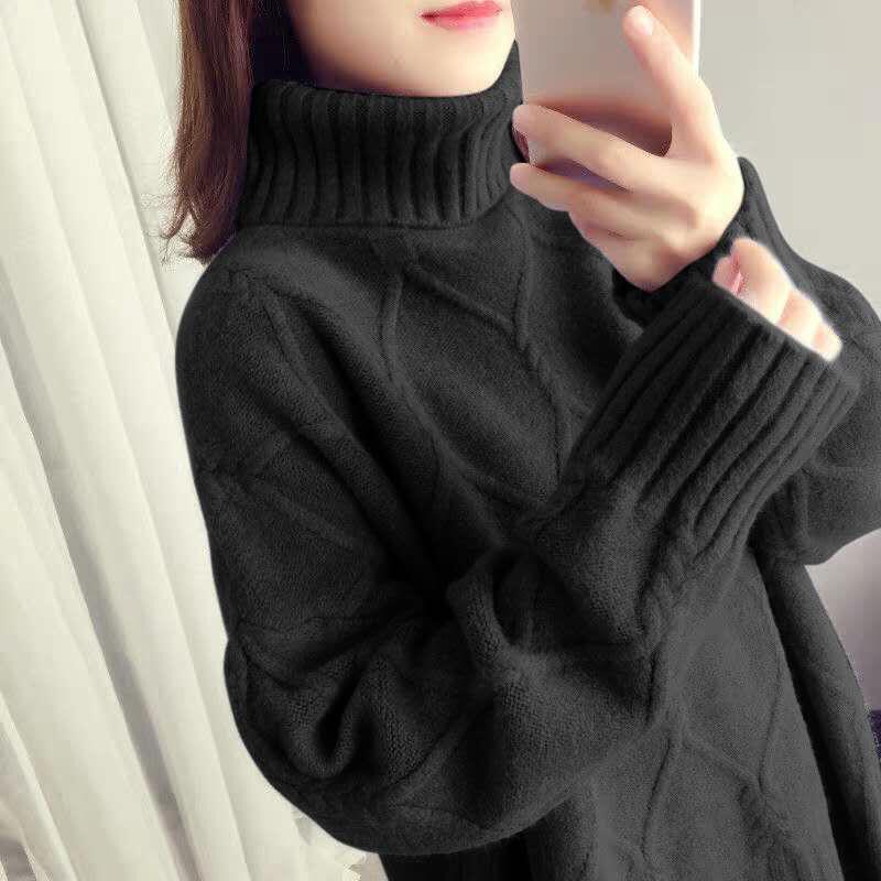 Warm Sweater Women’s Solid Color Loose Turtleneck Sweater Women’s Plus Velvet Thick Warm Sweater Autumn and Winter Casual alx