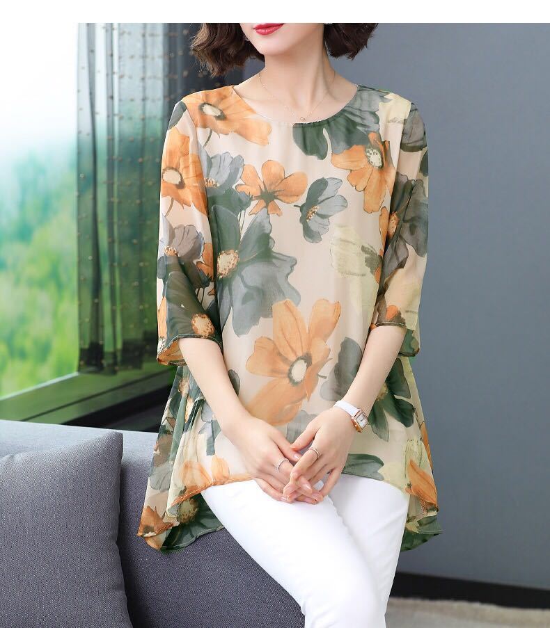 2022 New Summer Middle Aaged Women Korean Chiffon O-Neck Blouse Tops Female Flower Print Fashion Loose 4xl Shirt W53 alx