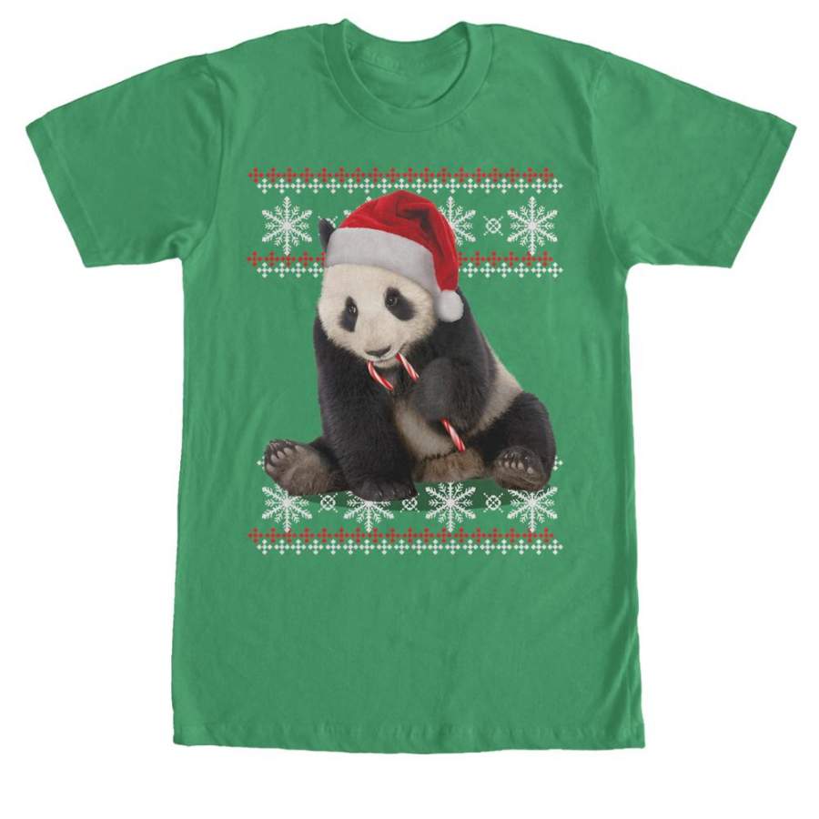 Lost Gods Men’s Ugly Christmas Panda and Candy Cane  T Shirt Kelly Green