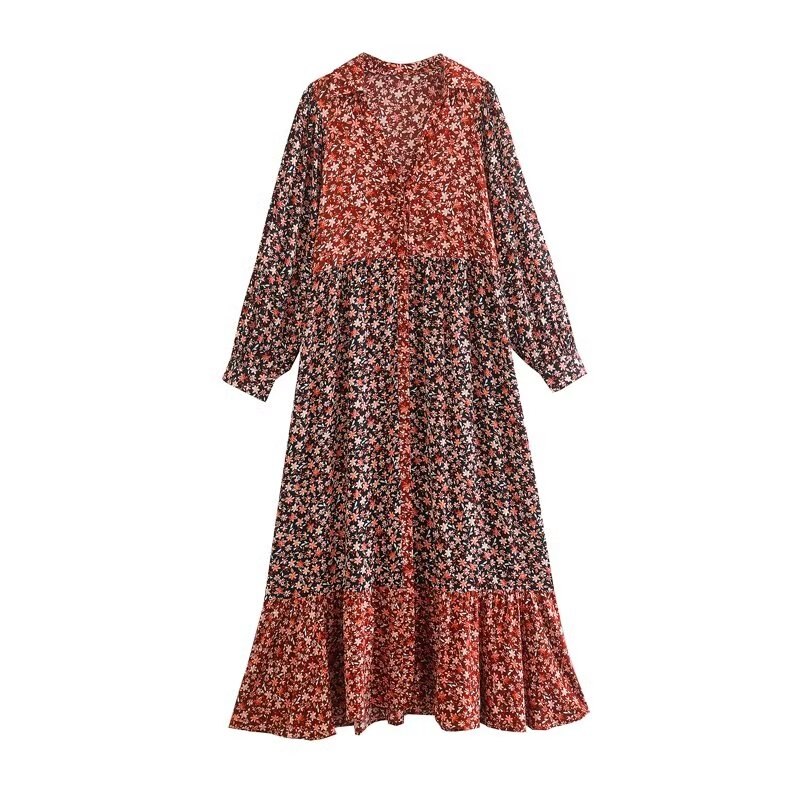 Zevity Women Vintage Cloth Patchwork Floral Print Loose Midi Shirt Dress Female Single Breasted Hem Ruffles Vestidos DS2260 alx