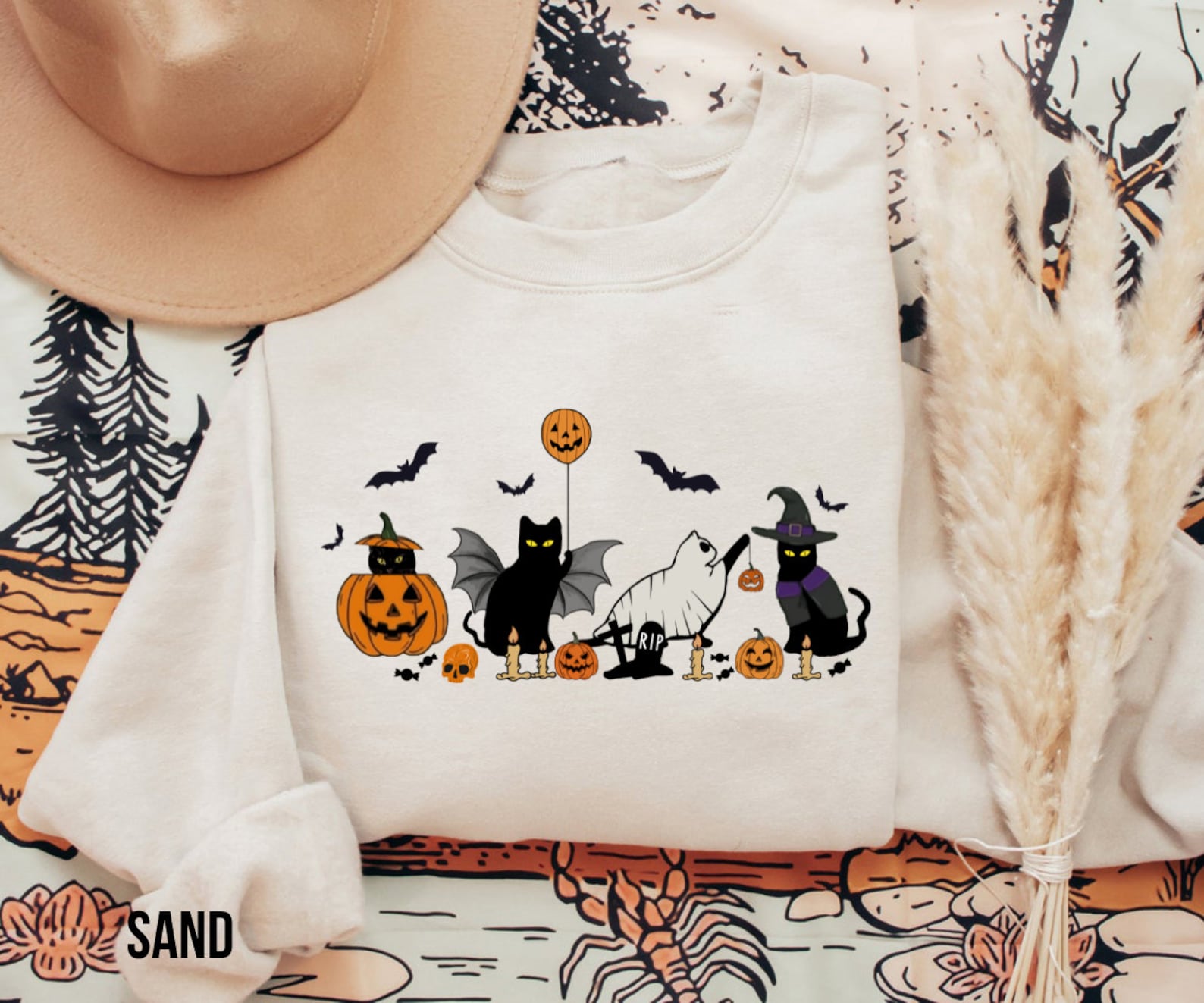 Cat Halloween Sweatshirt 2D Crewneck Sweatshirt All Over Print Sweatshirt For Women Sweatshirt For Men Sws3856