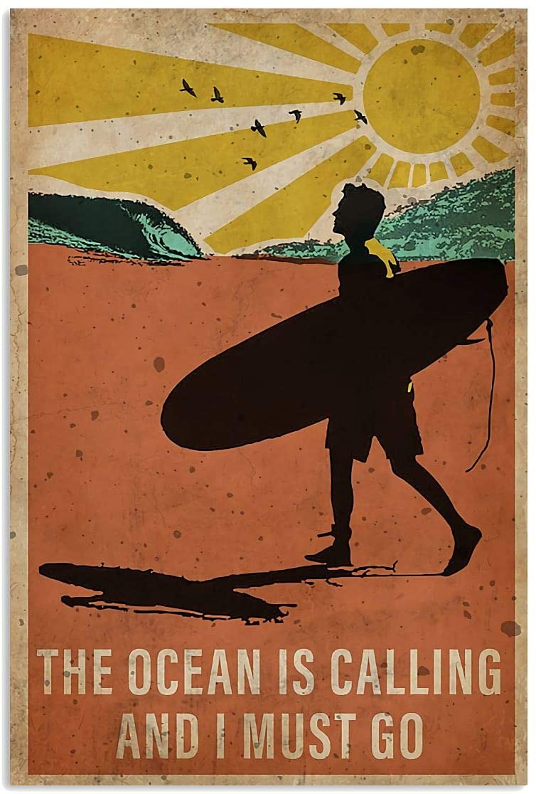 Vintage Surfing The Ocean Is Calling And I Must Go Poster Art Print      Home Decor Gift For Family Friend On Birthday