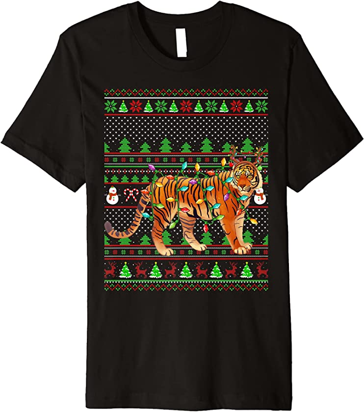 Ugly Xmas Sweater Style Lighting Bengal Tiger Christmas Premium T-Shirt