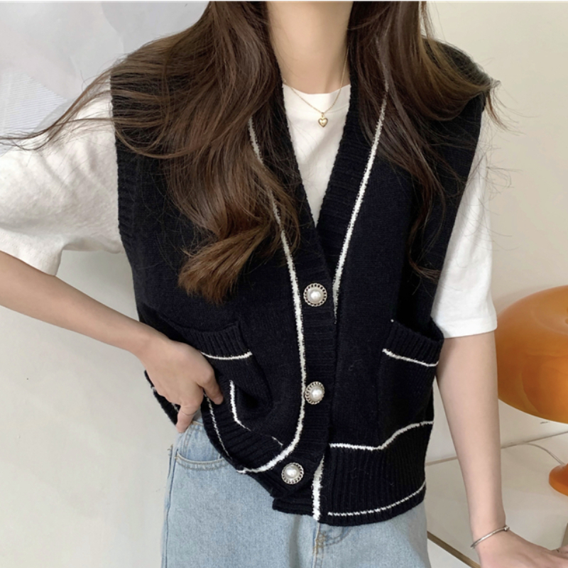 Sweater Vests Women Minimalist Retro Panelled Temperament Autumn Casual V-neck All-match Pockets Tender Fashion Ulzzang Ladies alx