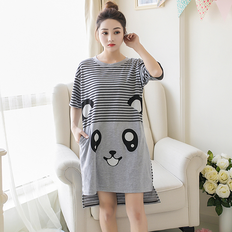 Summer Knitted Cotton Women Nightgown Short Sleeve Cartoon Sweet Soft Female Nightdress Loose M-5XL Girls Nightwear alx