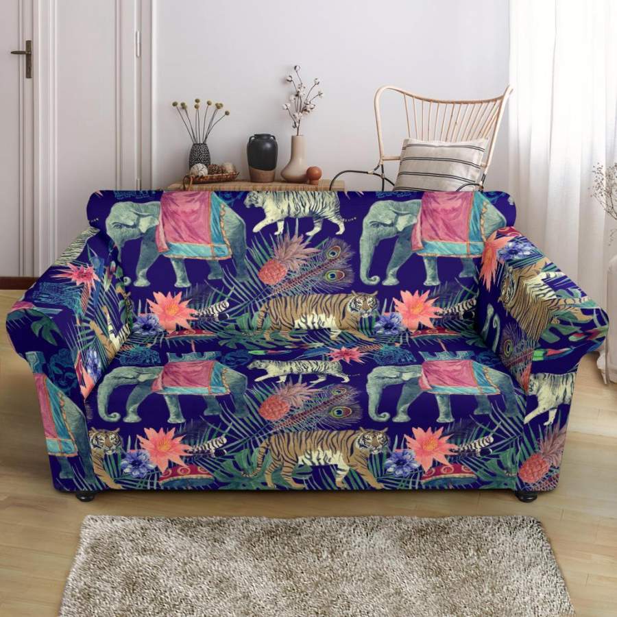 Tropical Palm Leave Peacock Tiger Elephant Loveseat Cover