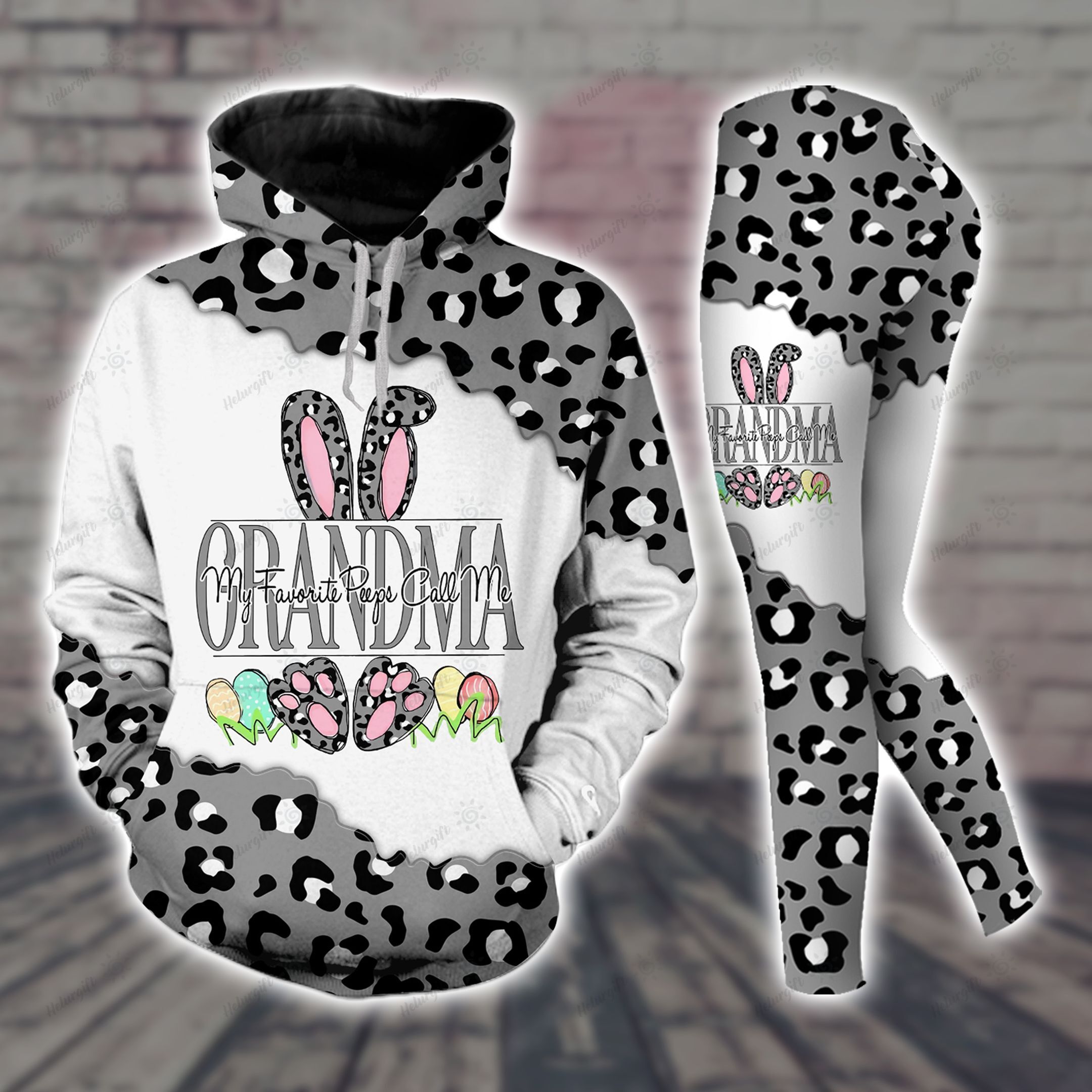 Gray Bunny Easter Leopard Hoodie Set Grandma