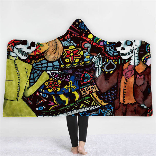 3D Sugar Skull Printed Microfiber Hooded Blanket