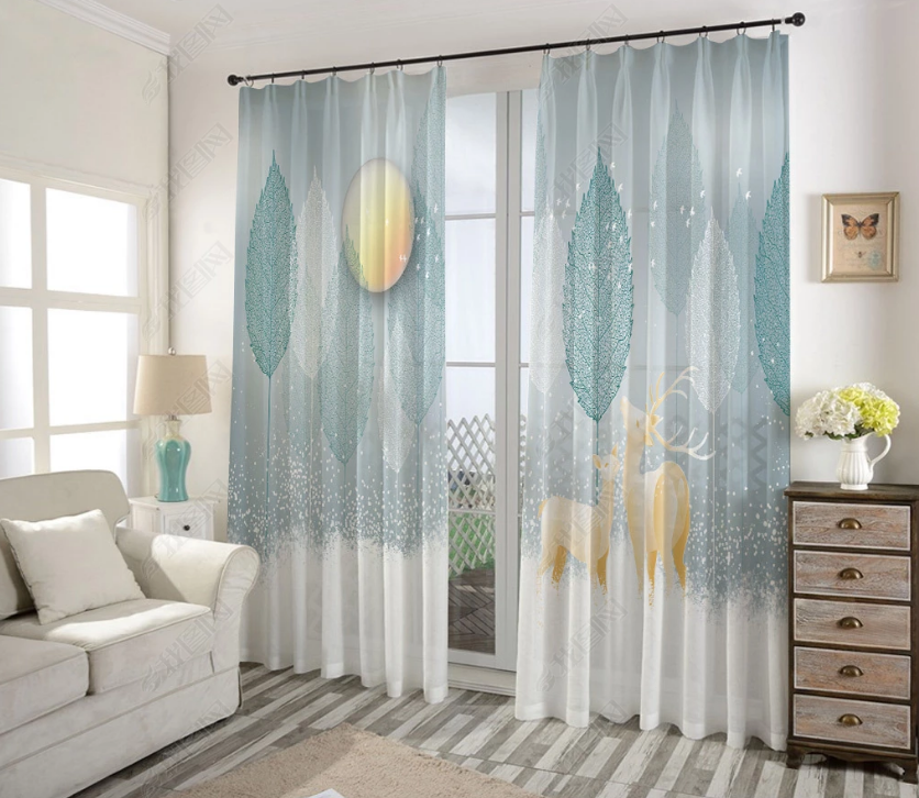 3D Hand Drawn Animal Elk Leaf Curtains And Drapes Lqh 75