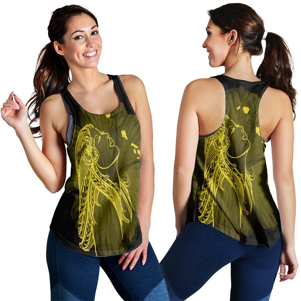 Hawaii Map Heart Hula Girl Hibiscus Yellow Polynesian Racerback Tank Ah Ha10000