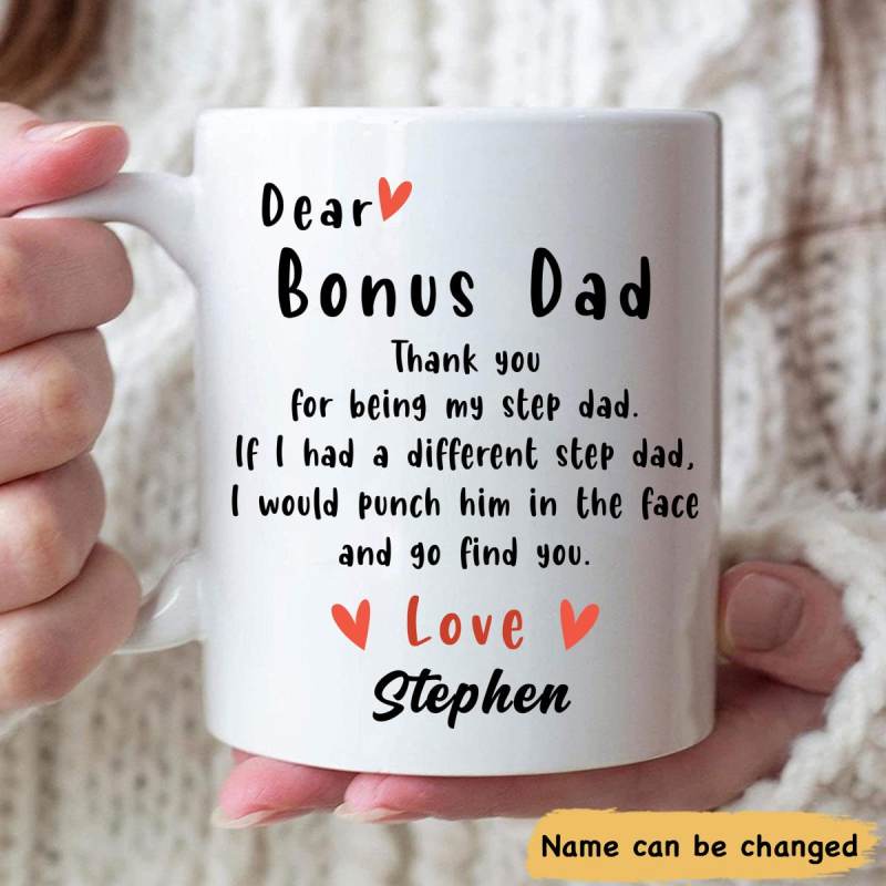 Personalized Dear Bonus Dad Custom Name Coffee Mug, Funny Happy Father’S Day Mug For Step Father