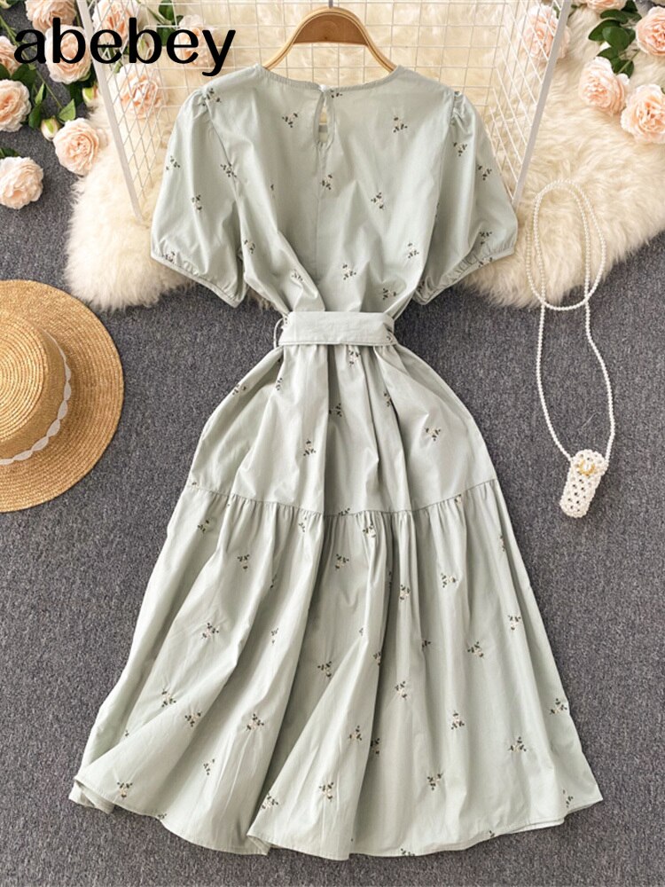 Women 2022 Dresses Bohemian Embroidered Flower O-Neck Short Sleeve High Waist Pleated Dress All-match Female Vestidos alx