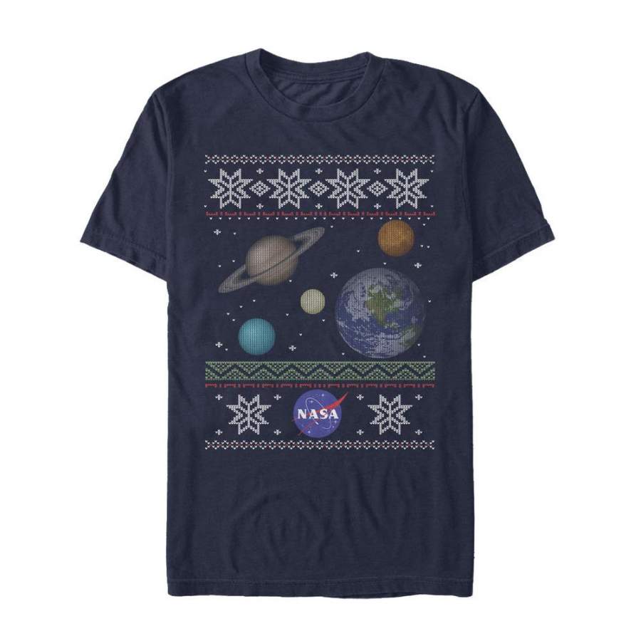 NASA Men’s Ugly Christmas Planet Print  T Shirt Navy Blue