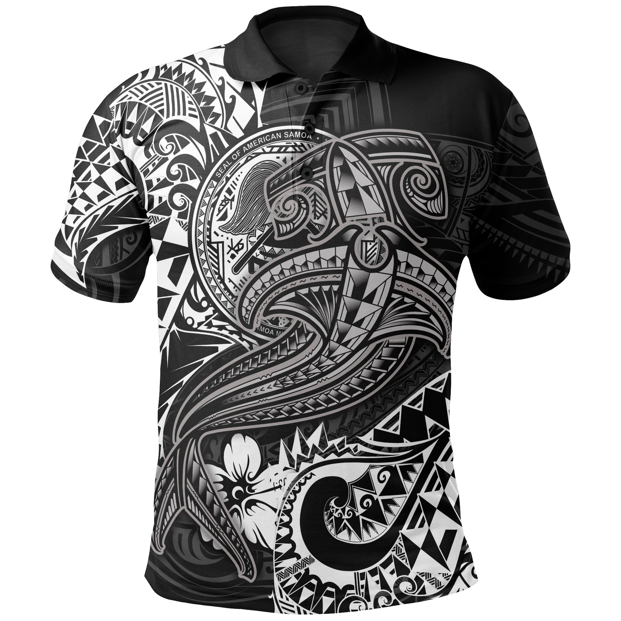 American Samoa Polo Shirt – White Shark Polynesian Tattoo – BN18