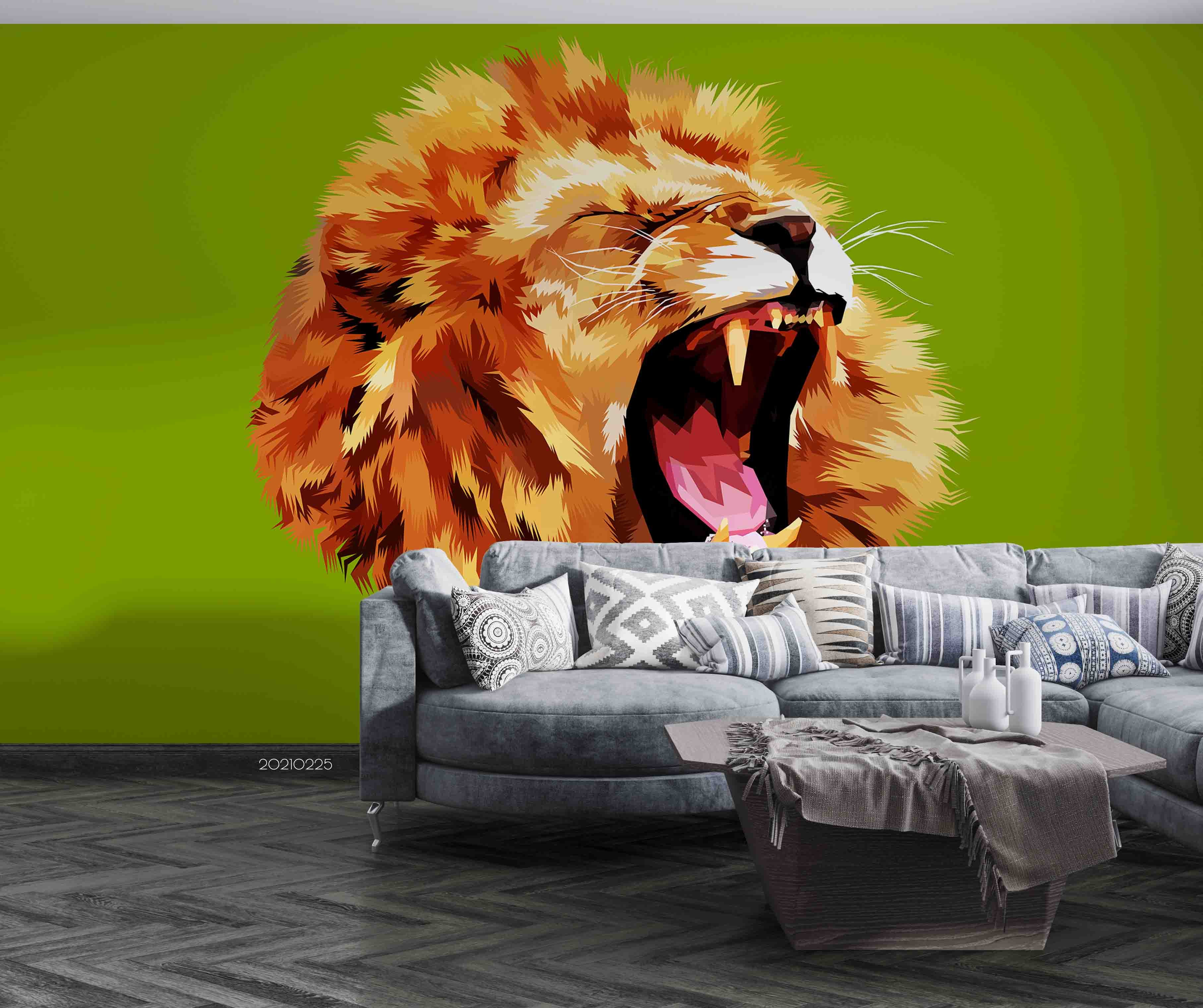 3D Hand Drawn Green Animal Lion Wall Mural Wallpaper Lqh 167