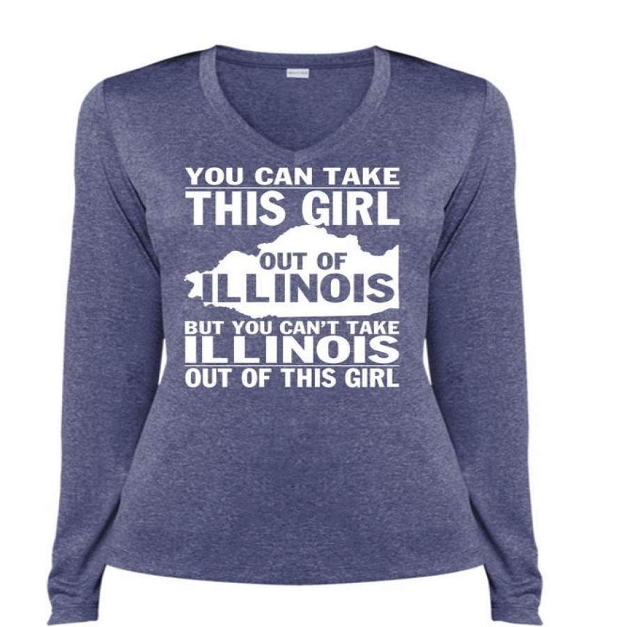 You Can Take This Girl Out Of Illinois T Shirt, My Favorite T Shirt, Cool Shirt (Ladies LS Heather V-Neck)