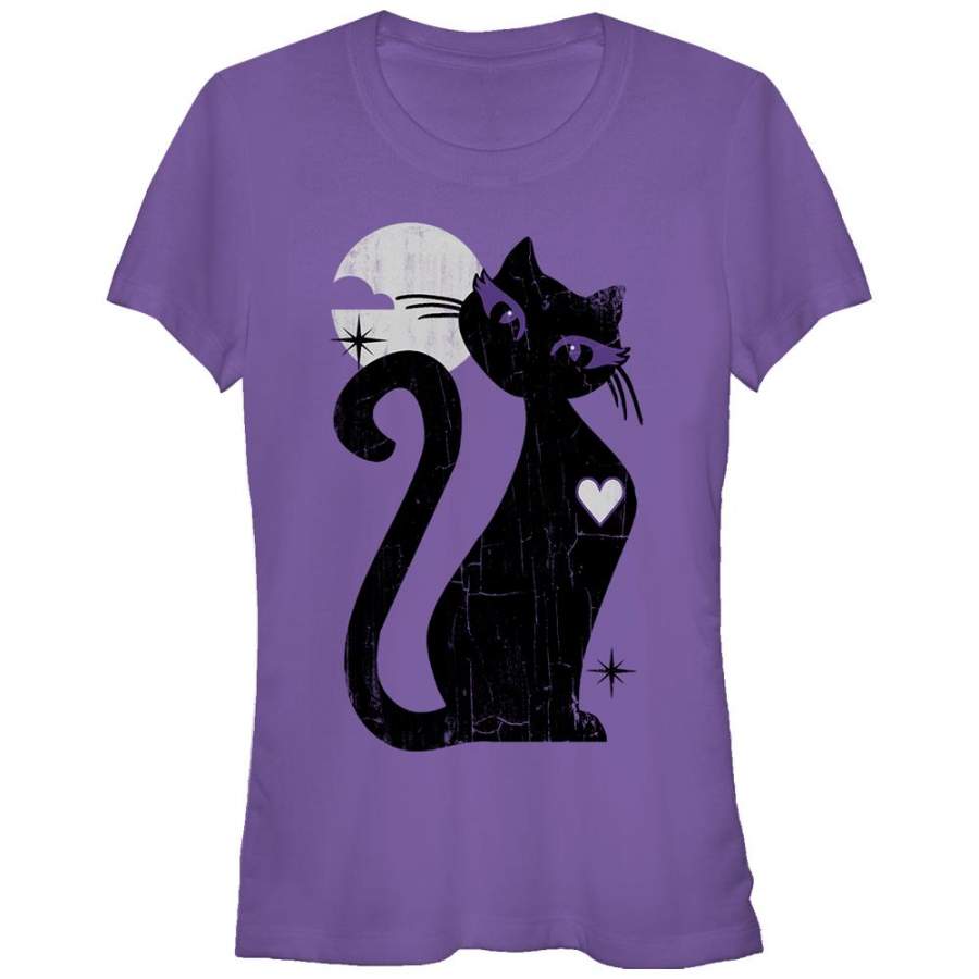 Lost Gods Junior’s Halloween Full Moon Cat Heart  T Shirt Purple