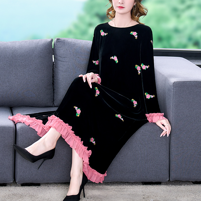 Women Autumn & Winter Elegant Velvet Dress Festa High Quality Long Cocktail Party Robe Embroidery Designer Loose Vestidos alx