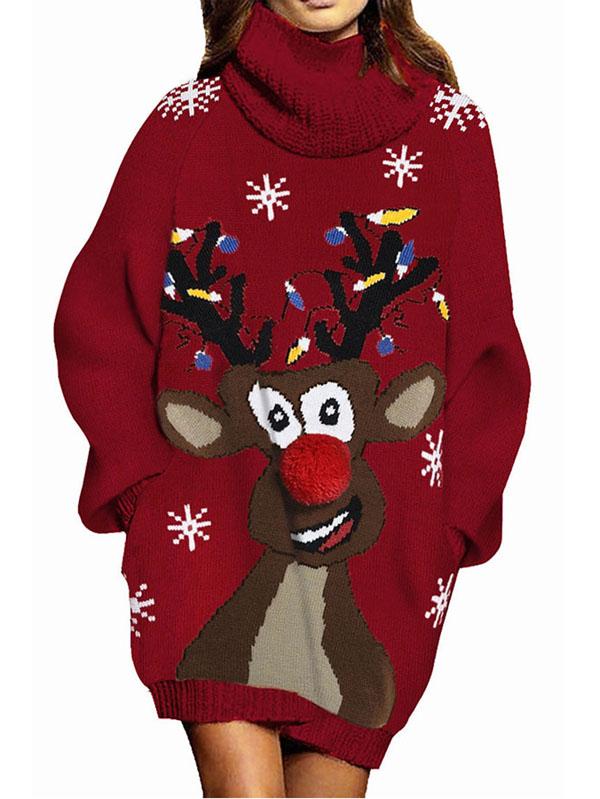 Womens Reindeer Ugly Christmas Sweater Turtleneck Sweater Dress