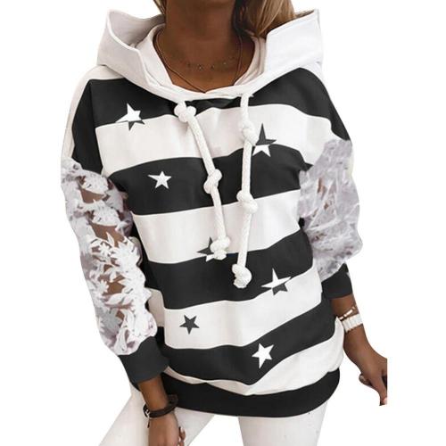 Women Sweatshirt Casual Lace Patchwork Long Sleeve Star Stripe Loose Hoodie Sweatshirt Harajuku Winter Casual Vintage Korean alx