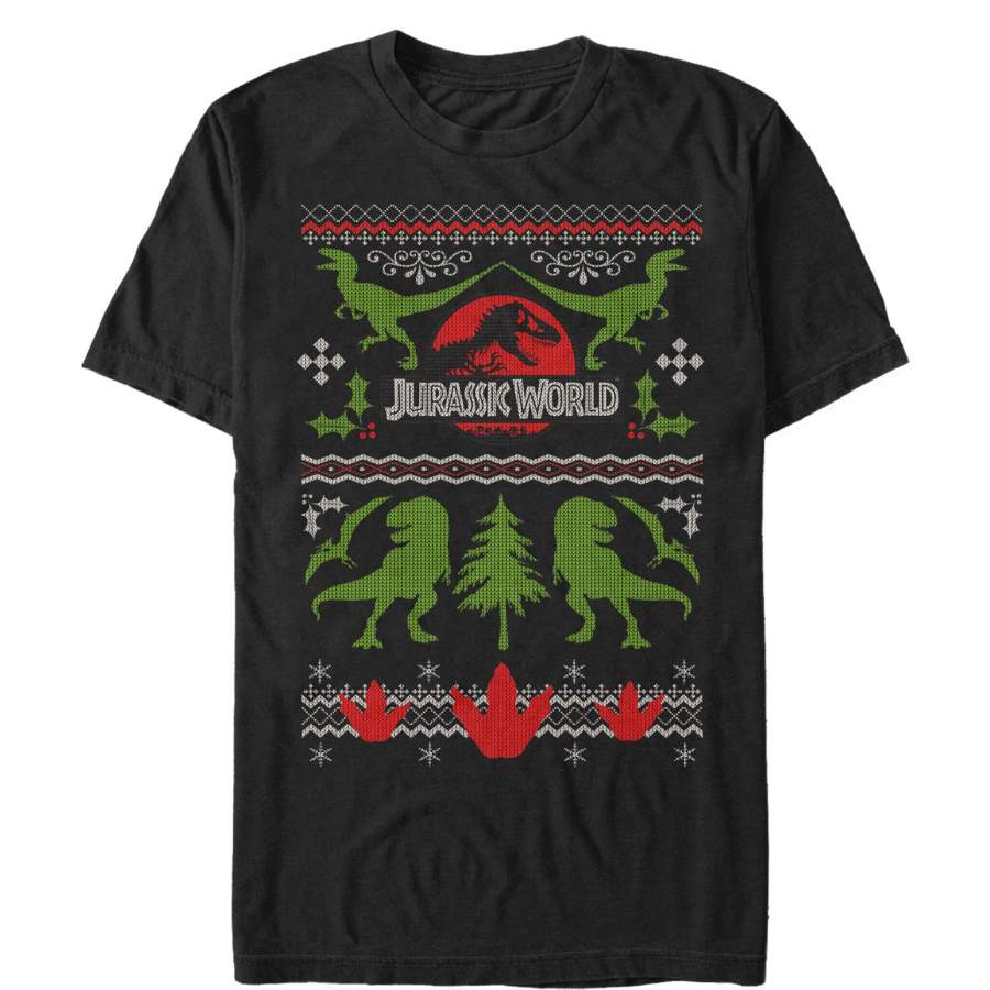 Jurassic World Men’s Ugly Christmas Print  T Shirt Black