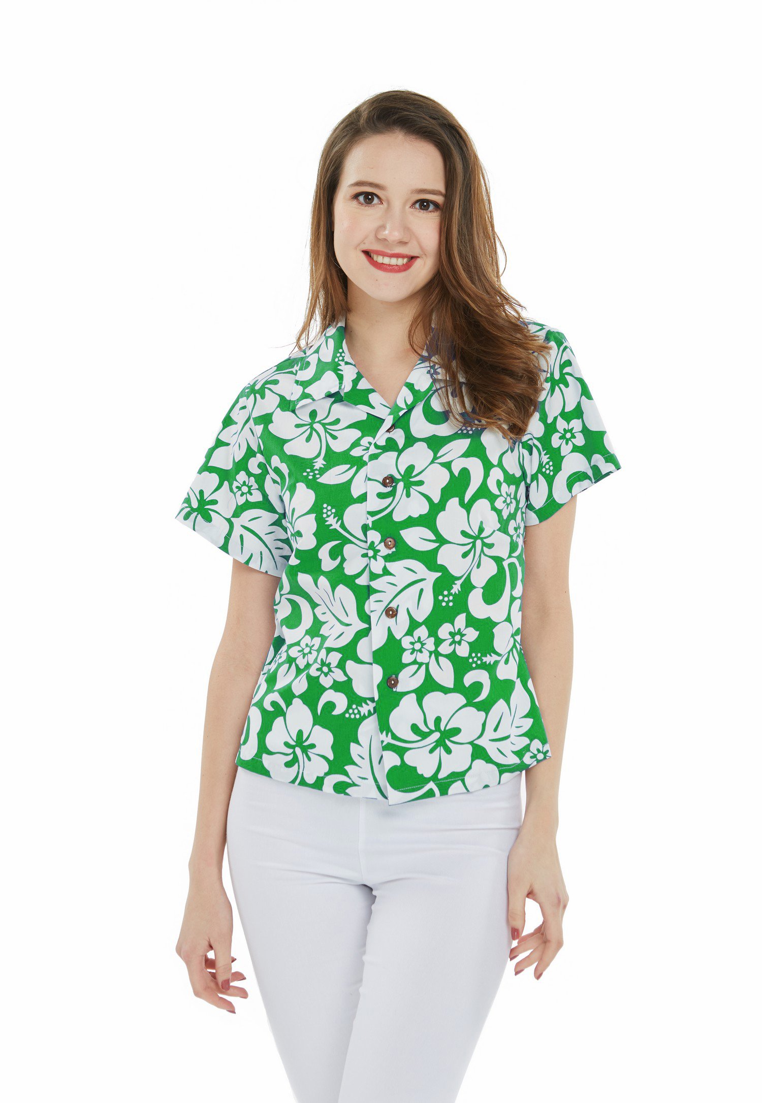 Women’s Lady Aloha Shirt in Vintage Hibiscus Green