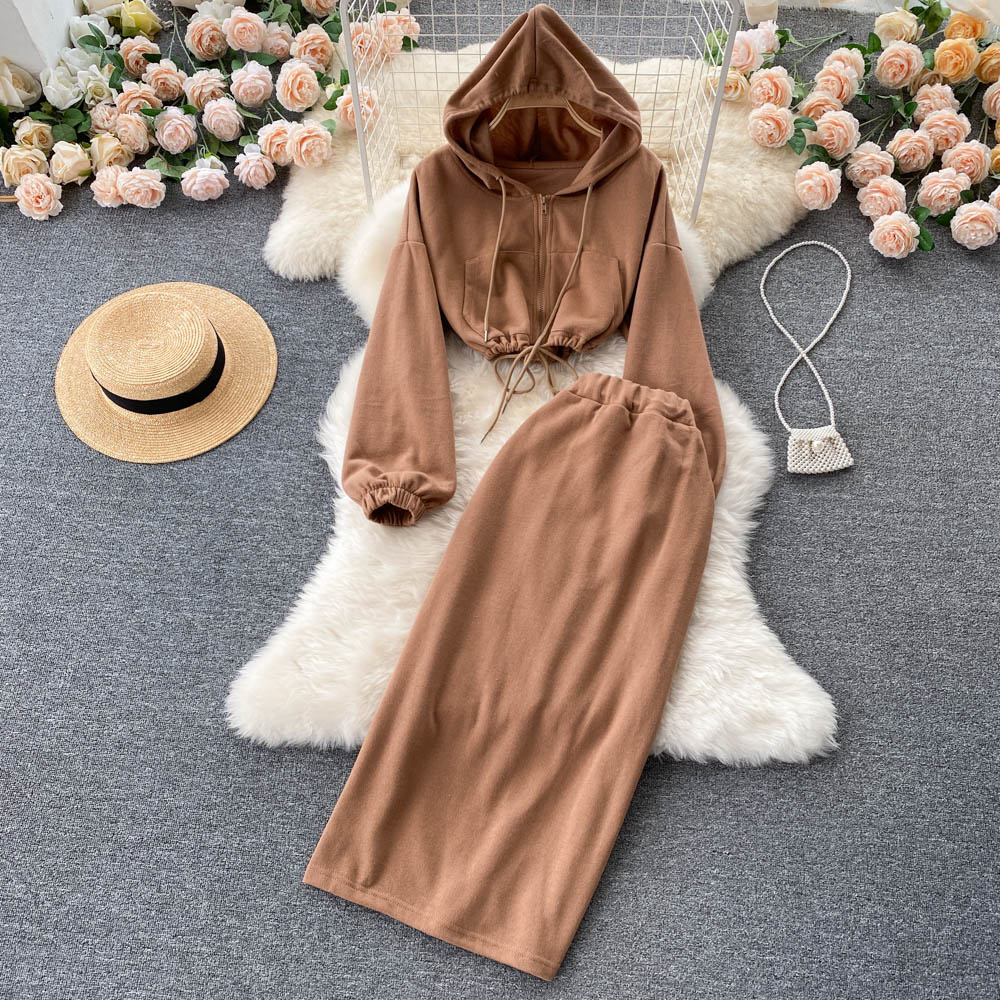 Two Piece Set for Women Casual Long Sleeve Cropped Hooded Sweatshirt Jacet and High Waist Midi Skirt Suits Fashion Clothing Sets alx