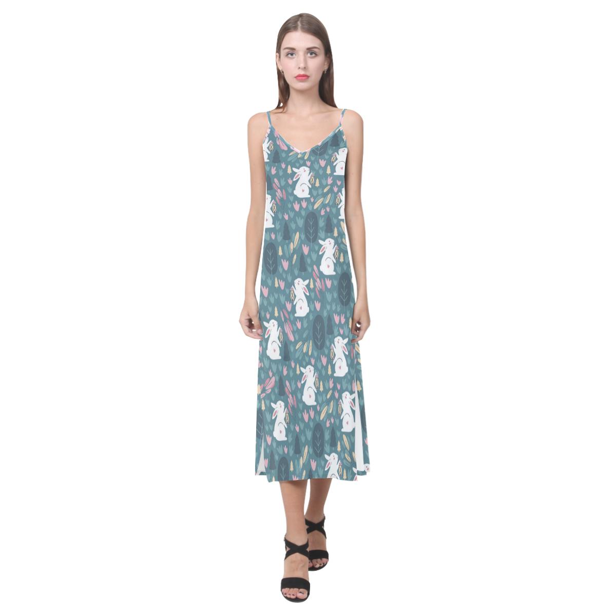 Cute rabbit pattern V-Neck Open Fork Long Dress