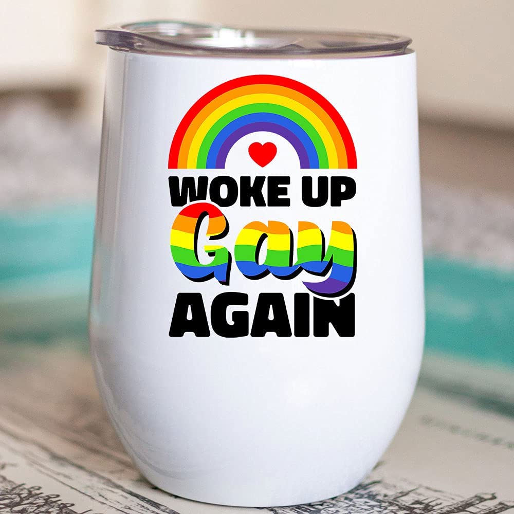 Woke Up Gay Again Tumbler 12 Oz, Funny Gay Pride Tumbler, Trans Enby Queer Pan Present Equal Rights Gay Rights Rainbow Steel Tumbler 12 Oz With Lid