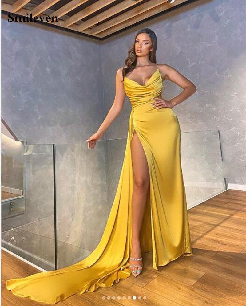 Smileven Yellow Sexy V Neck Mermaid Evening Dress Strapless High Side Split Prom Dresses Dubai Celebrity Dresses Party Gowns alx