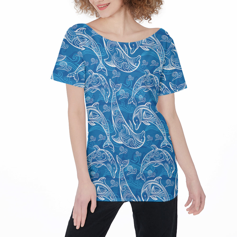 Blue Dolphin Pattern Off Shoulder T-Shirt