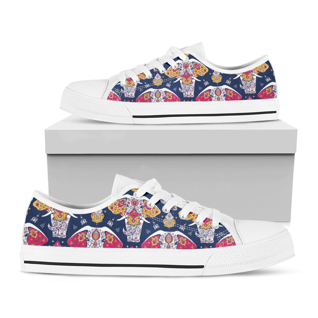 Indian Floral Elephant Pattern Print White Low Top Shoes