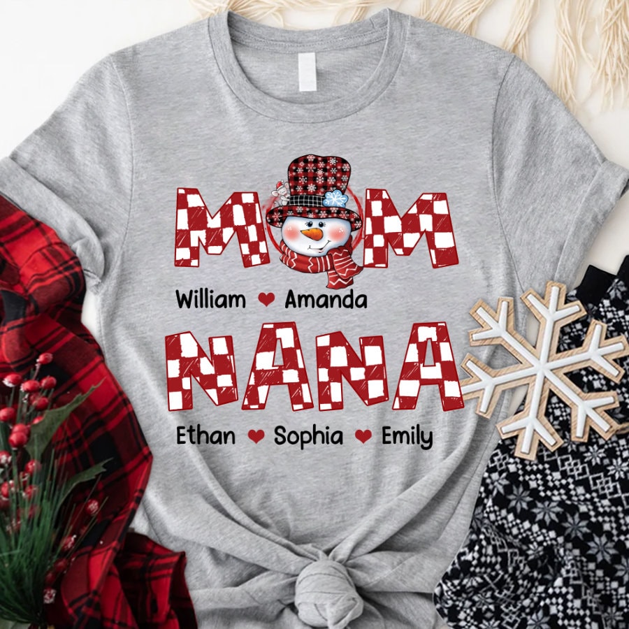 Custom Mom & Nana Christmas Shirt, 2022 Mom Grandma Shirt With Kidnames, Grammy Nana Mimi Gigi Shirt For Christmas, Snowman Mom Nana Shirt