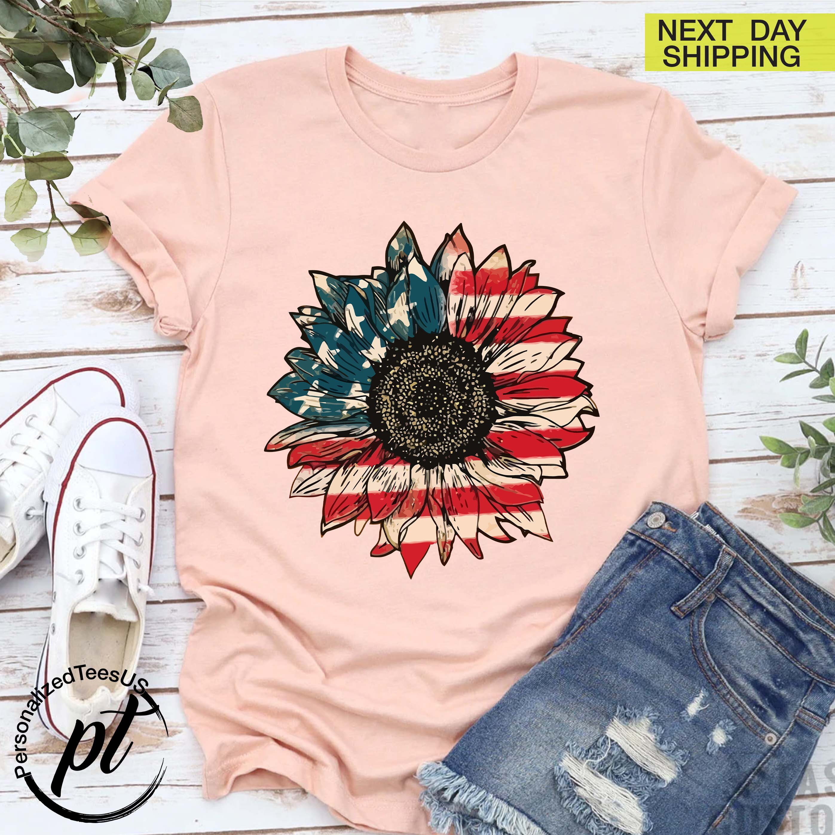 American Flag T-Shirt Women,Usa Sunflower Shirt,4th of July Gift,Independence Day Tee,1776 Freedom Shirt,USA Flag Tee,Gift For Patriotic