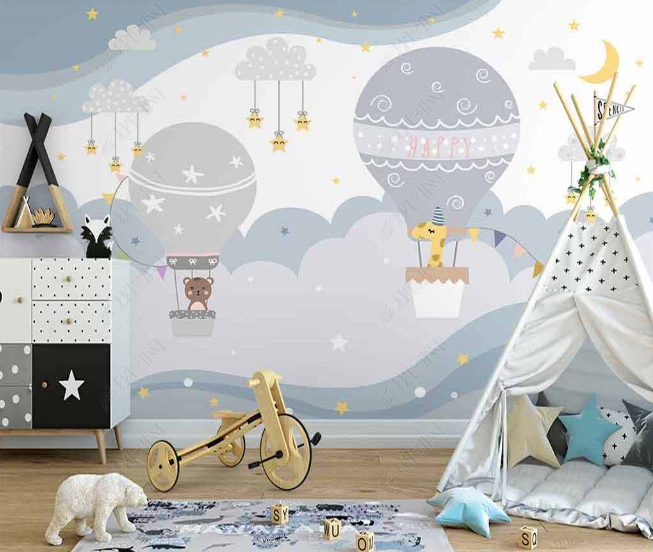 3D Northern Europe Hand-Painted Hot Air Balloon Clouds Animal Wall Mural Wallpaper Sww2726