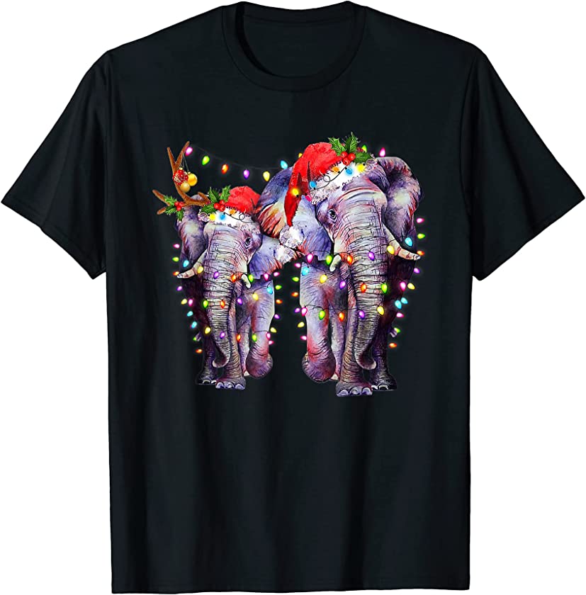 Two Elephant Santa Hat With Lights Funny Christmas 2021 PJ T-Shirt