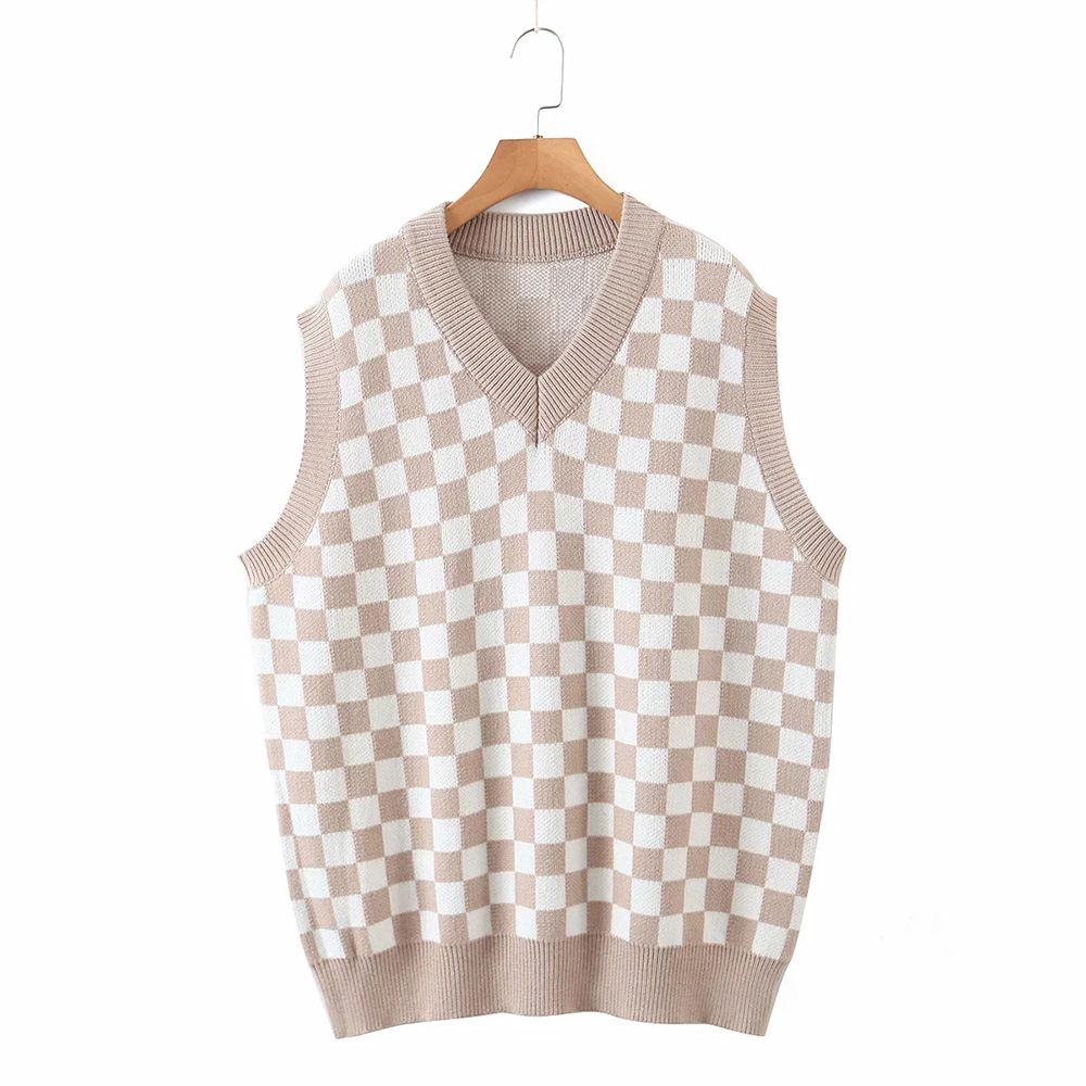 XIKOM 2021 Autumn Women Plaid V Neck Sleeveless Preppy Style Knitted Vest Female Vintage Casual Oversize Ladies Knitted Tank Top alx